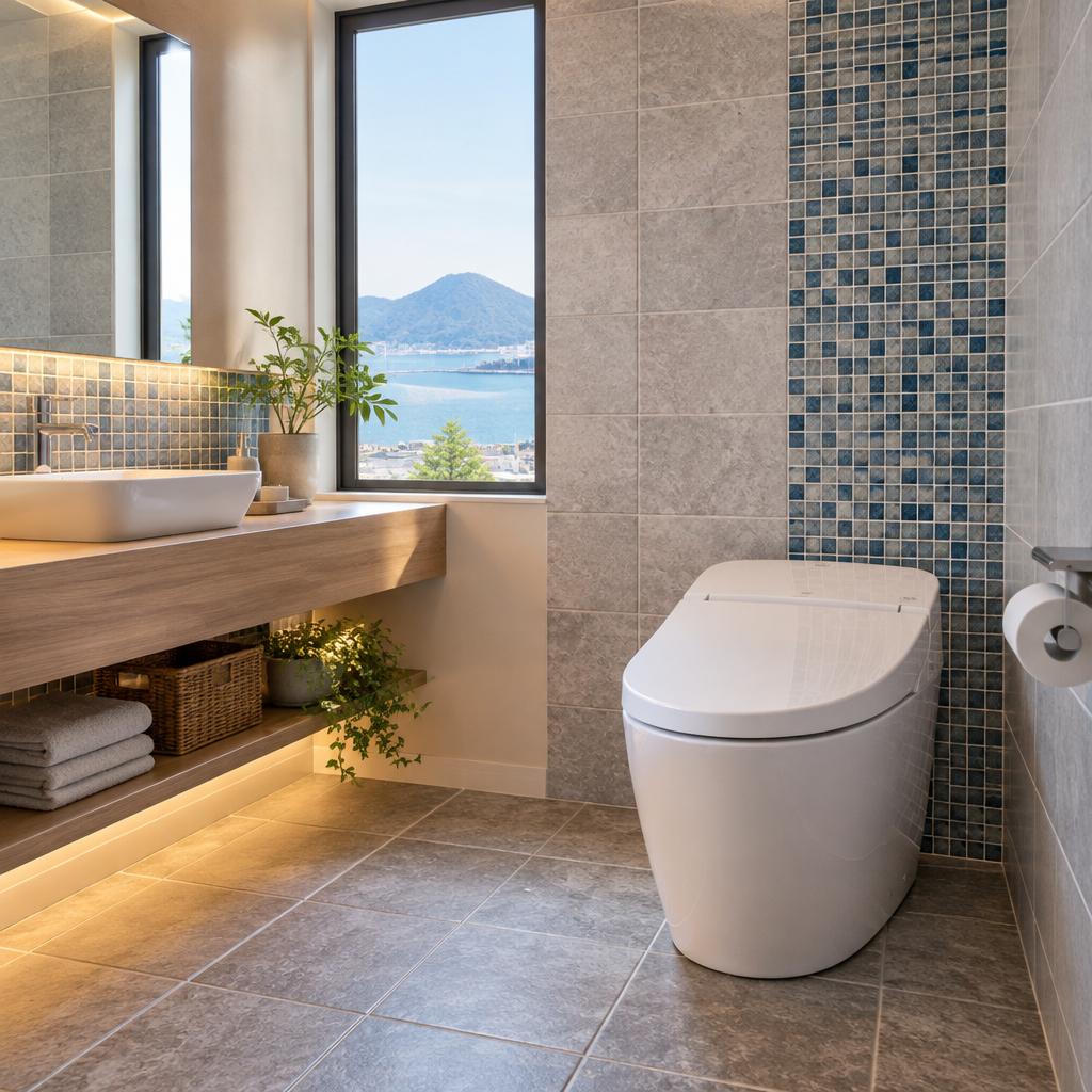今治市のトイレリフォームで、毎日が変わる。タイルの美しさと使いやすさで、理想の空間へ。